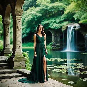 Elegant Woman in Green Gown by Serene Pond