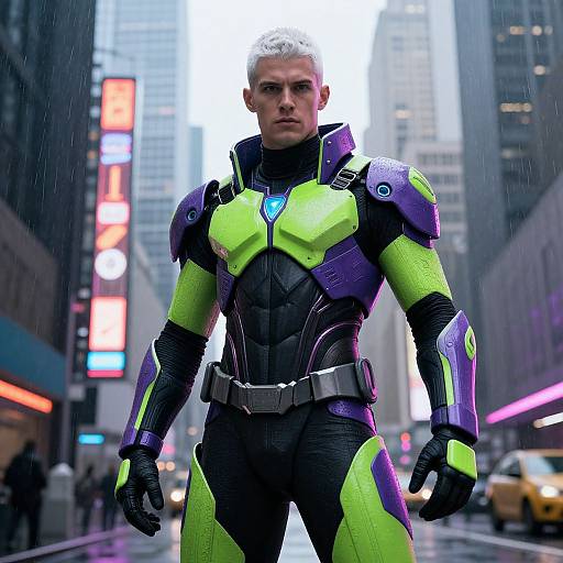 Futuristic Man in Neon Green and Purple Armor Suit in Rainy Cityscape