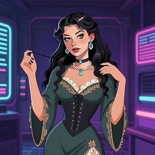 Elegant Woman in Medieval-Gothic Dress with Neon Futuristic Background