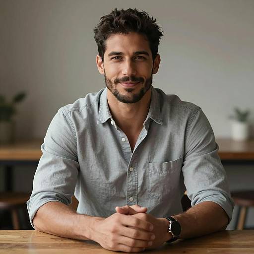 Confident Young Man Smiling Sitting at Table in Casual Shirt