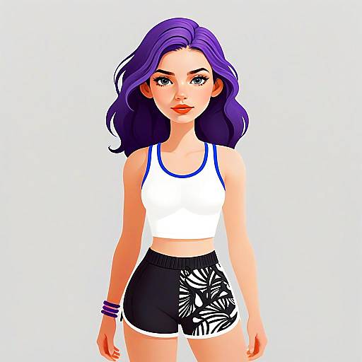 Sporty Woman with Purple Hair in White Top and Black Patterned Shorts Illustration
