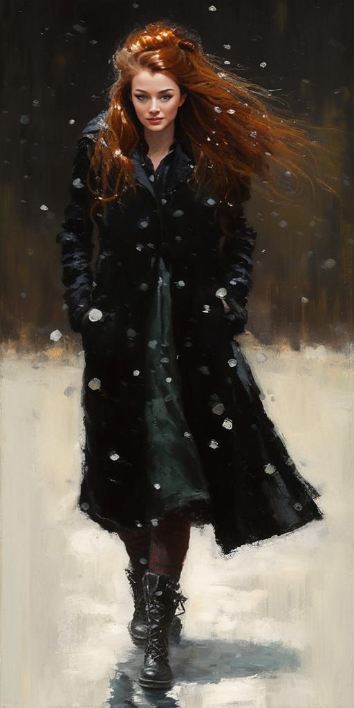 Confident Woman in Black Coat and Red Hair in Snowy Landscape Confident Woman in Black Coat and Red Hair in Snowy Landscape
