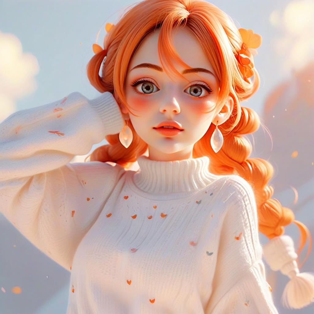 Young Woman with Orange Braids in Cozy Sweater