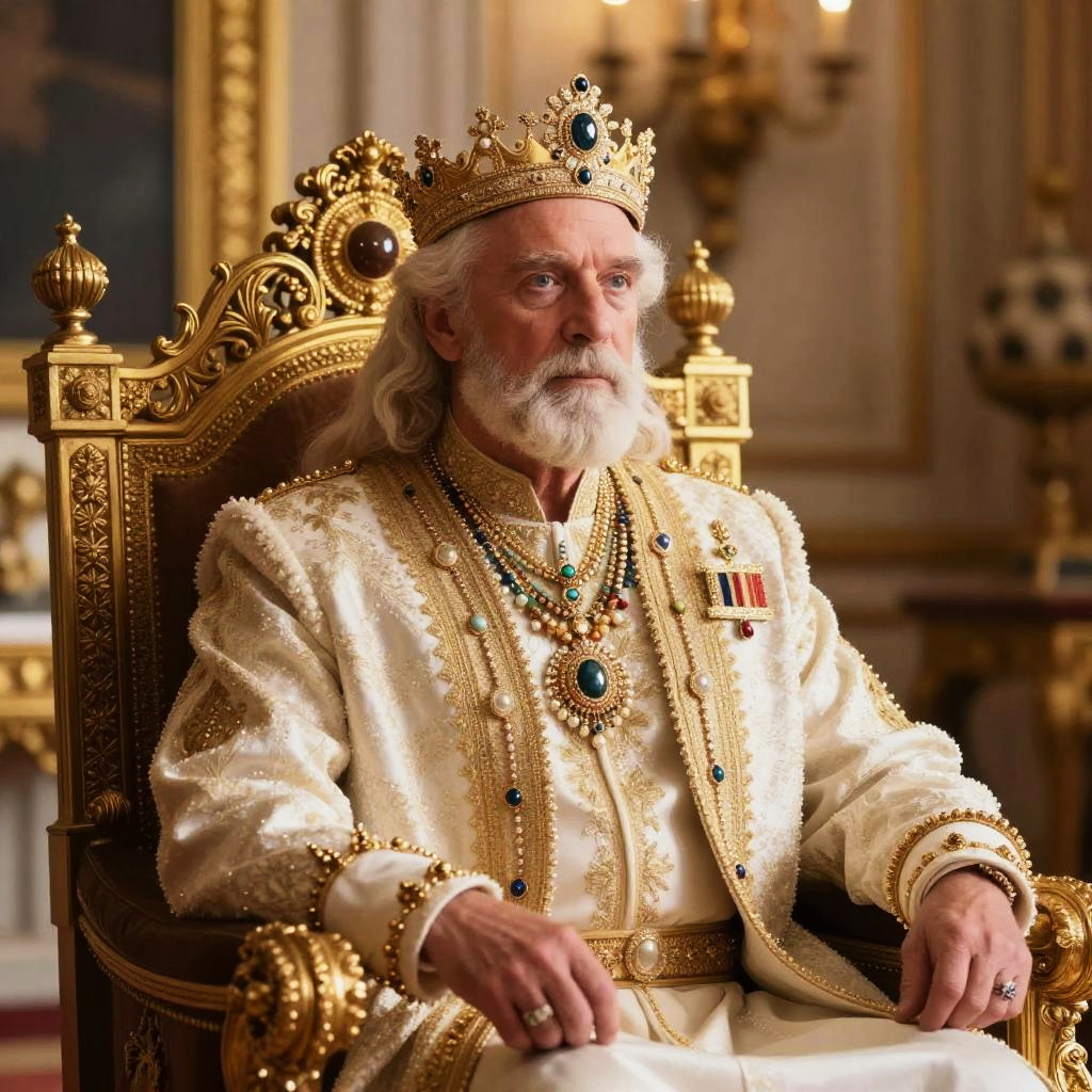 Elderly King in Ornate Royal Costume Sitting on Golden Throne