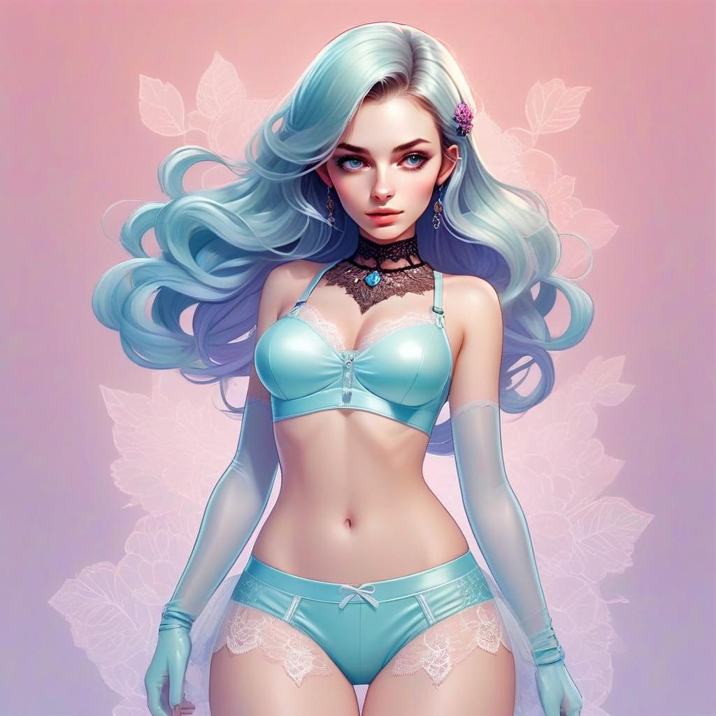 Elegant Woman with Light Blue Hair in Aqua Lingerie