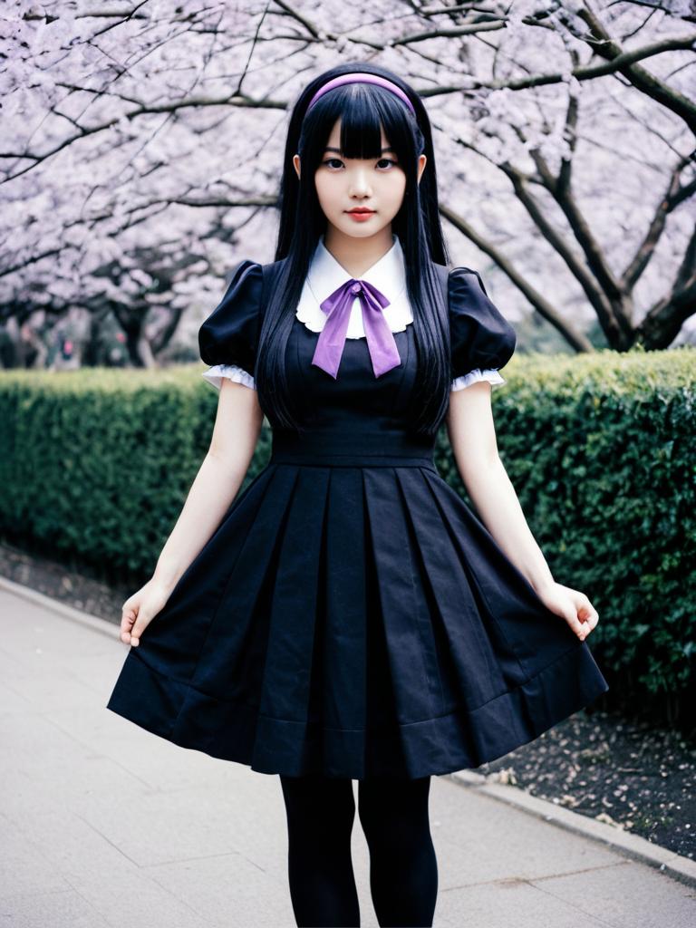 Young Woman in Black Dress with Purple Ribbon Under Cherry Blossoms