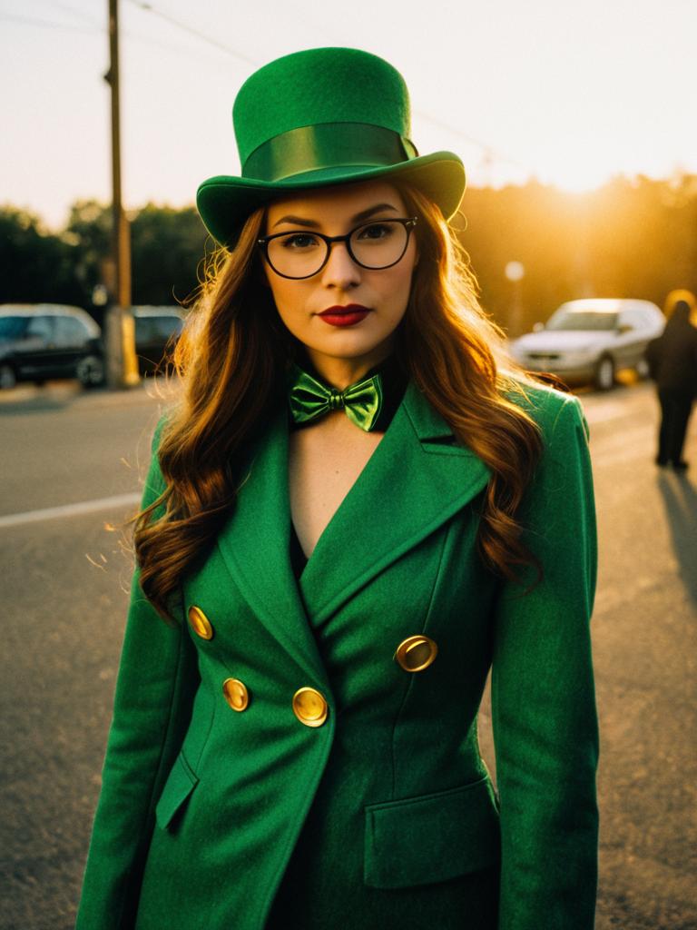 Woman in Green Riddler Costume Photorealistic Portrait at Golden Hour