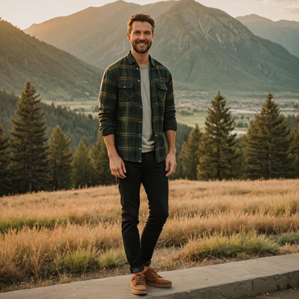 Confident Man Outdoors with Mountain Landscape