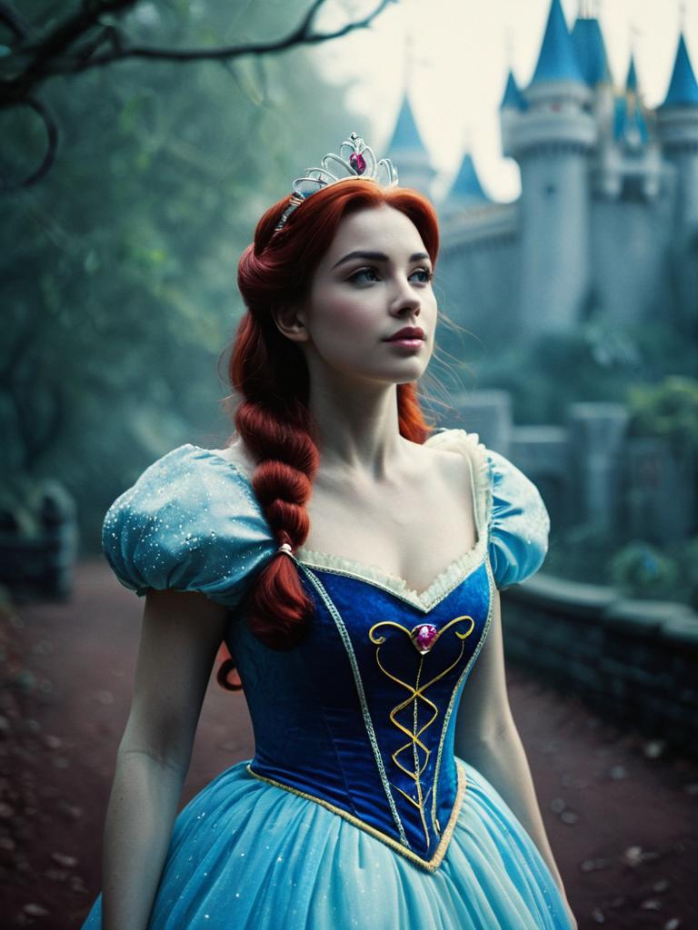 Woman in Disney Princess Costume with Cinematic Realism and Fantasy Background