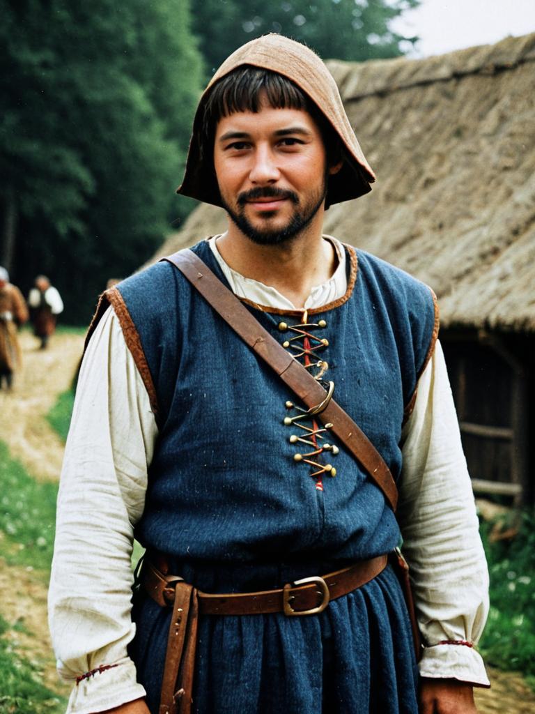 Medieval Peasant Costume Man in Traditional Tunic and Hat