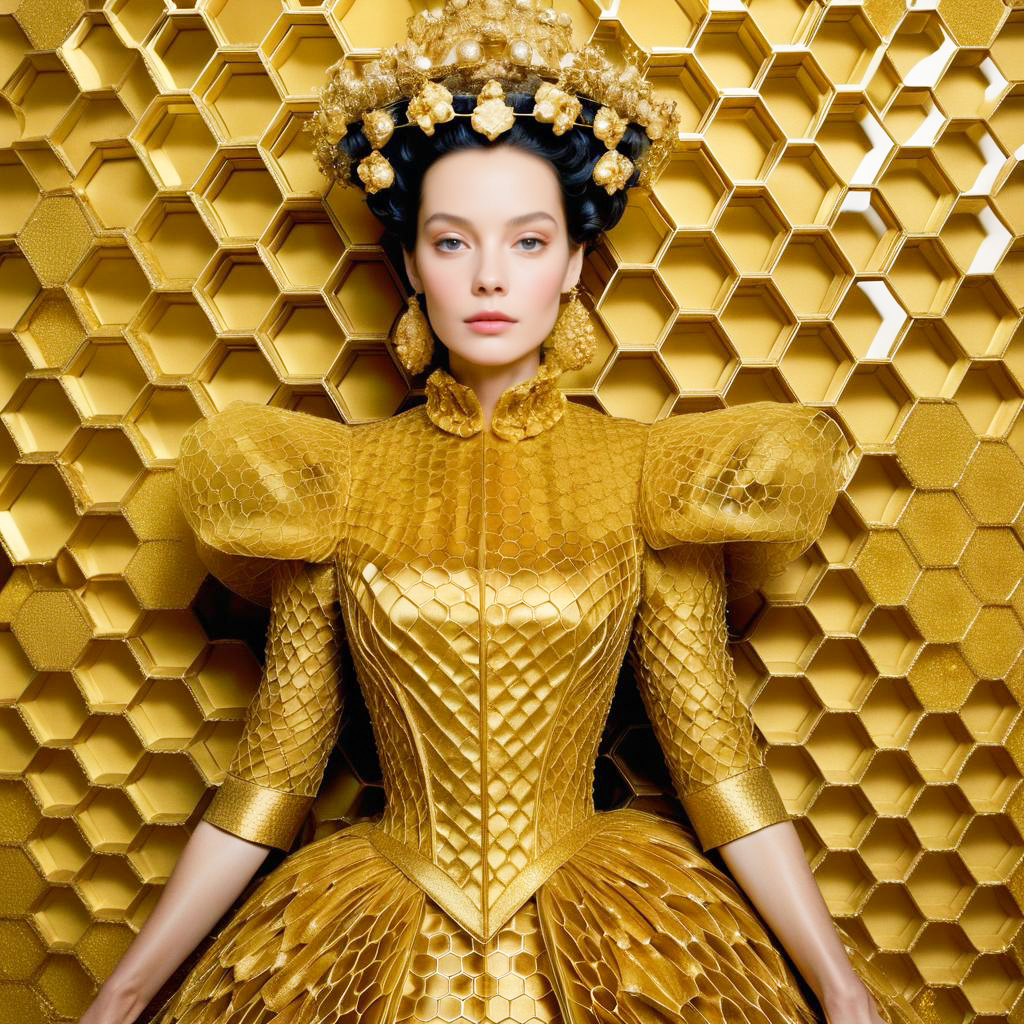 Woman in Golden Gown with Honeycomb Background