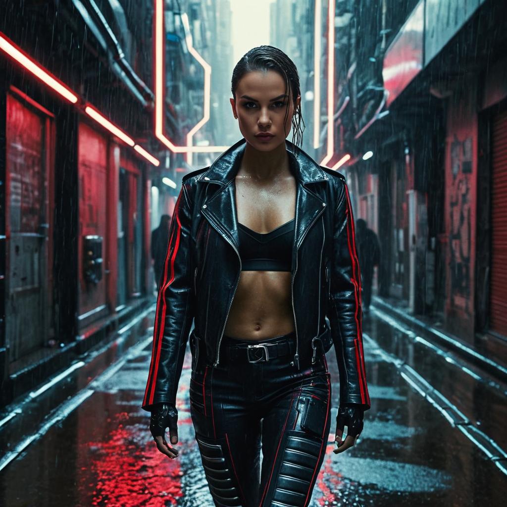 Cyberpunk Woman in Black Leather Jacket in Neon Alleyway