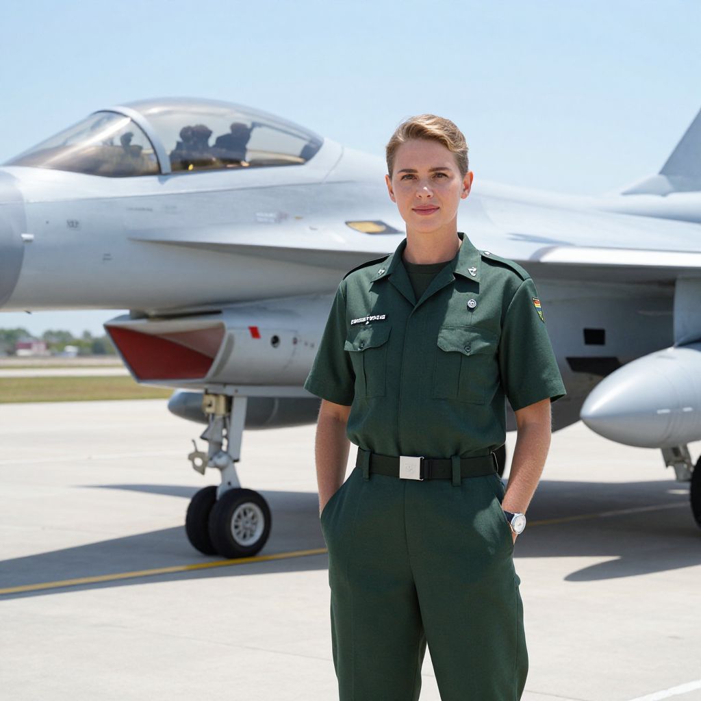 Woman Pilot in Green Military Flight Suit Standing by Fighter Jet