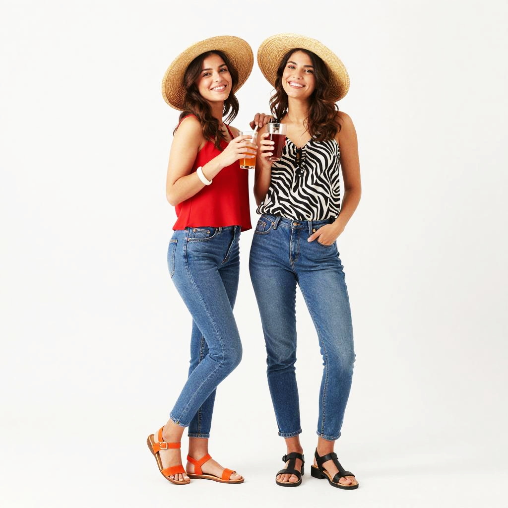 Casual Summer Fashion - Two Women Wearing Straw Hats and Jeans Holding Drinks