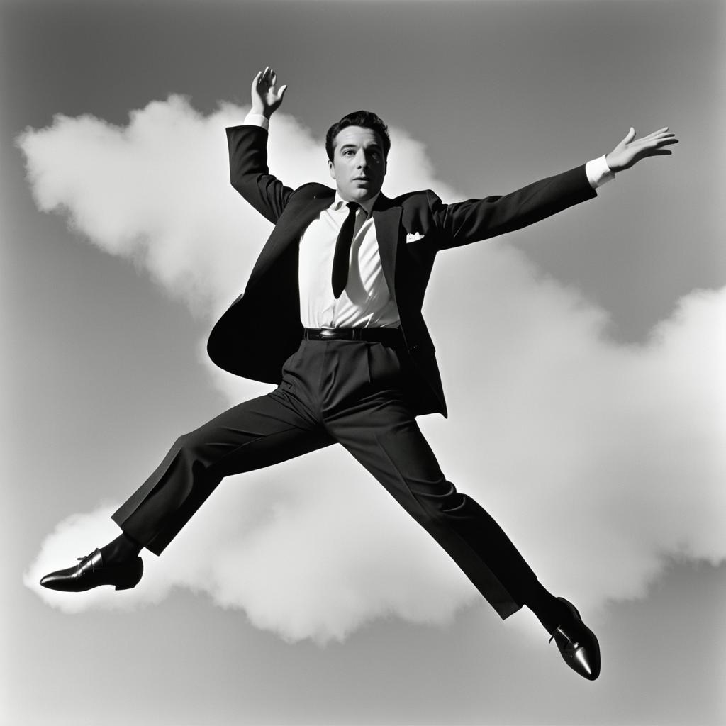 Man in Suit Leaping Against Cloudy Sky