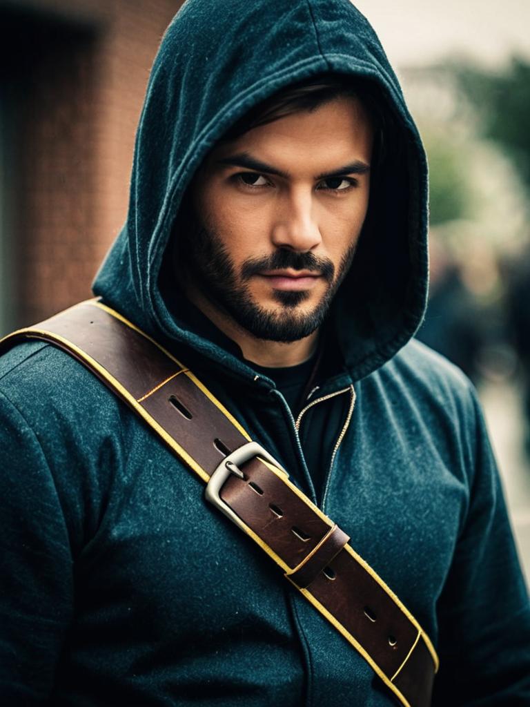 Rogue Man in Hooded Costume with Leather Belt
