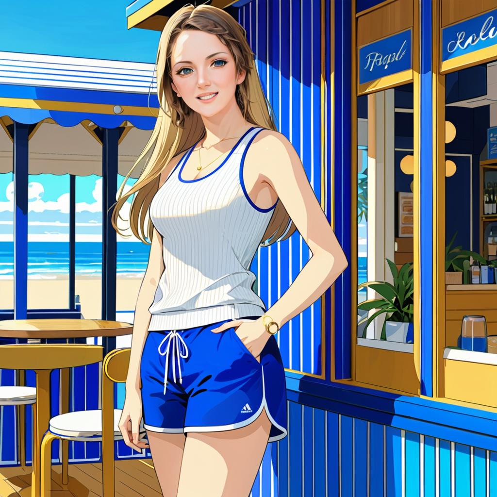 Smiling Woman in Casual Sportswear at Beachside Cafe