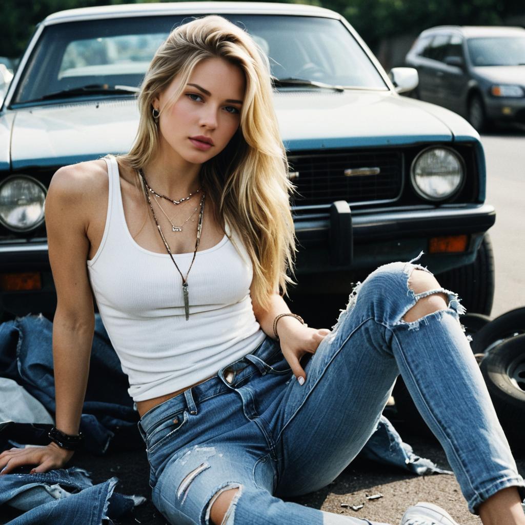 Stylish Woman in Front of Vintage Blue Car