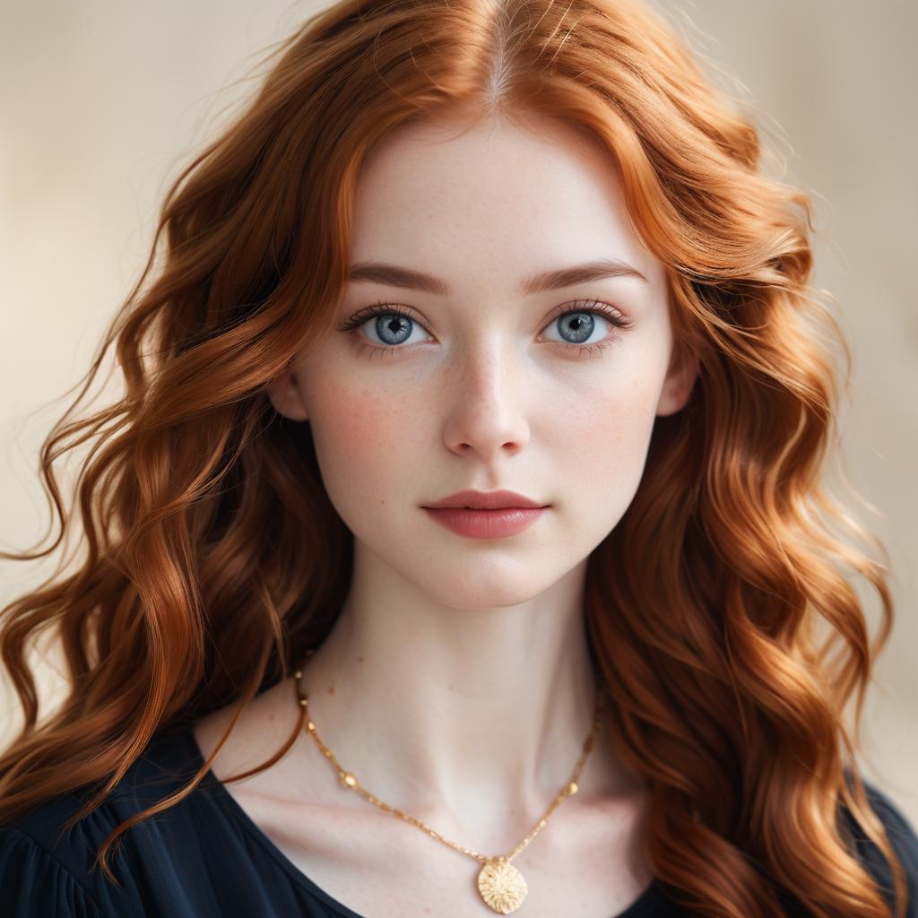 Portrait of Young Redhead Woman with Blue Eyes and Gold Necklace