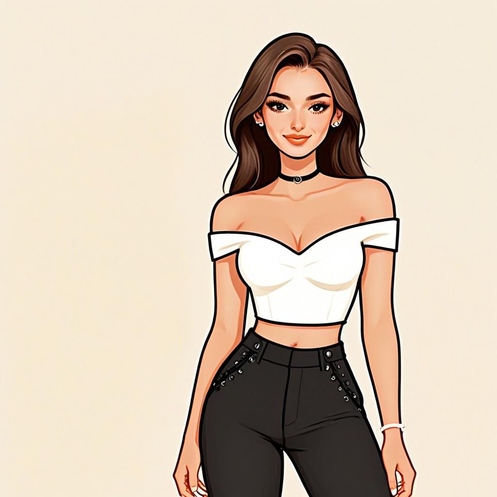 Stylish Woman with Pretty Hair in Chic White Off-Shoulder Top and Black Pants Illustration