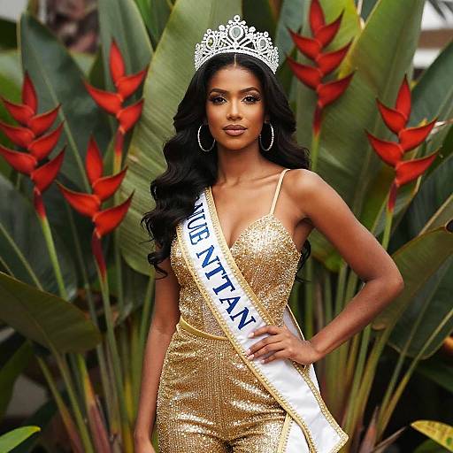 Confident Woman in Gold Gown and Crown with Tropical Backdrop
