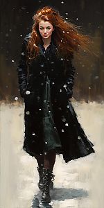 Confident Woman in Black Coat and Red Hair in Snowy Landscape