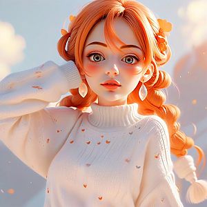 Young Woman with Orange Braids in Cozy Sweater