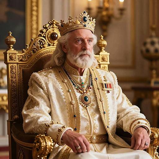 Elderly King in Ornate Royal Costume Sitting on Golden Throne