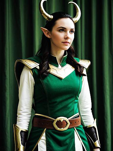 Woman in All Loki Costume with Green and Gold Outfit and Horned Headpiece
