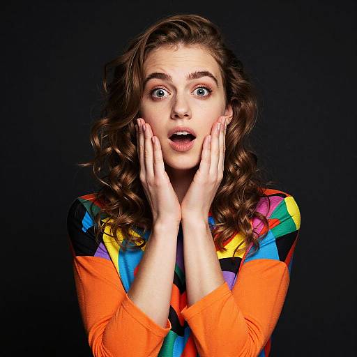 Surprised Woman in Colorful Geometric Patterned Top