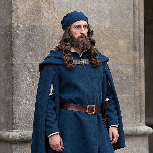 Medieval Man in Blue Cloak and Hat with Sword Historical Costume