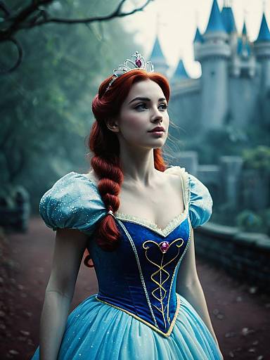 Woman in Disney Princess Costume with Cinematic Realism and Fantasy Background
