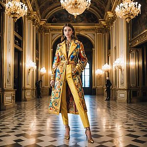 Confident Woman in Opulent Hallway with Chandeliers