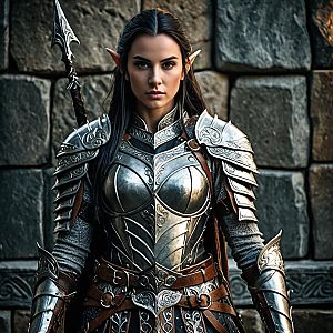 Elven Warrior Woman in Detailed Silver Armor with Spear