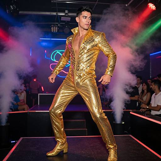 Man in Shimmering Gold Jumpsuit Dancing on Club Stage with Fog Effects
