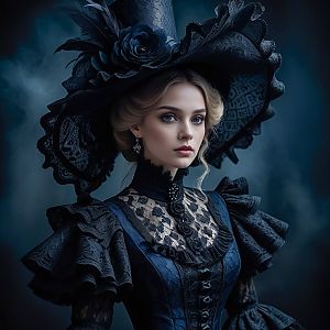 Victorian Woman in Dark Lace Gown with Ornate Hat