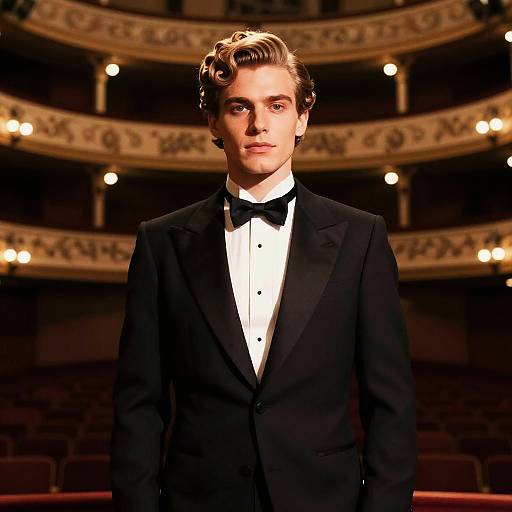 Young Man in Classic Tuxedo at Vintage Theater Interior