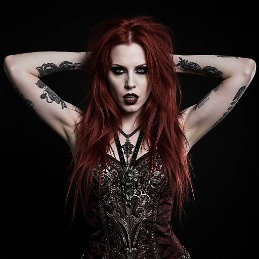 Gothic Red-Haired Woman with Tattoos and Elaborate Corset