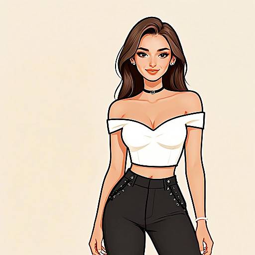 Stylish Woman with Pretty Hair in Chic White Off-Shoulder Top and Black Pants Illustration