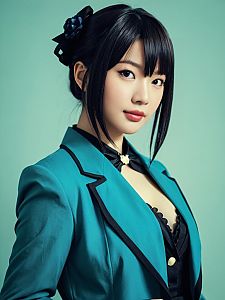 Realistic Photo of Woman Cosplaying Makino Character in Teal Blazer