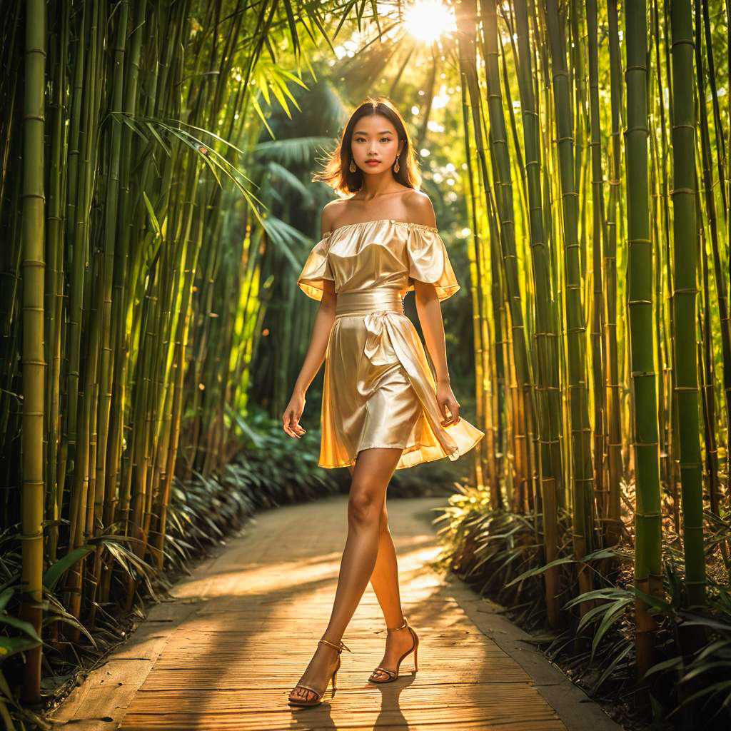 Elegant Woman in Golden Dress Amidst Bamboo Pathway