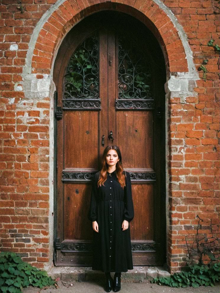 Woman in Black Dress by Ornate Door