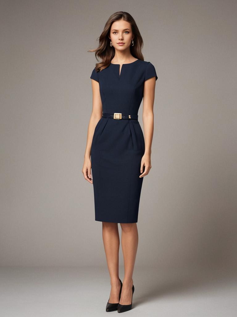 Stylish Woman in Elegant Navy Blue Dress