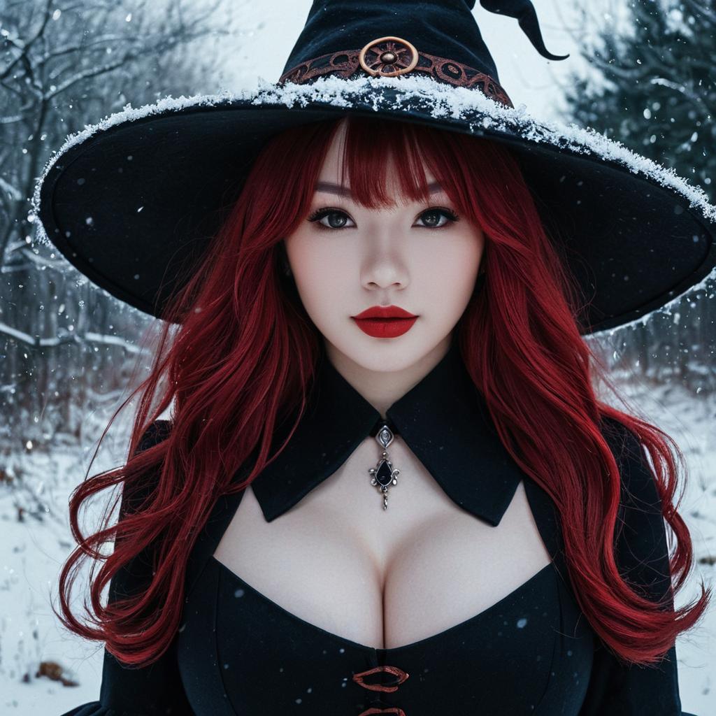 Red-Haired Woman in Witch Hat Winter Portrait