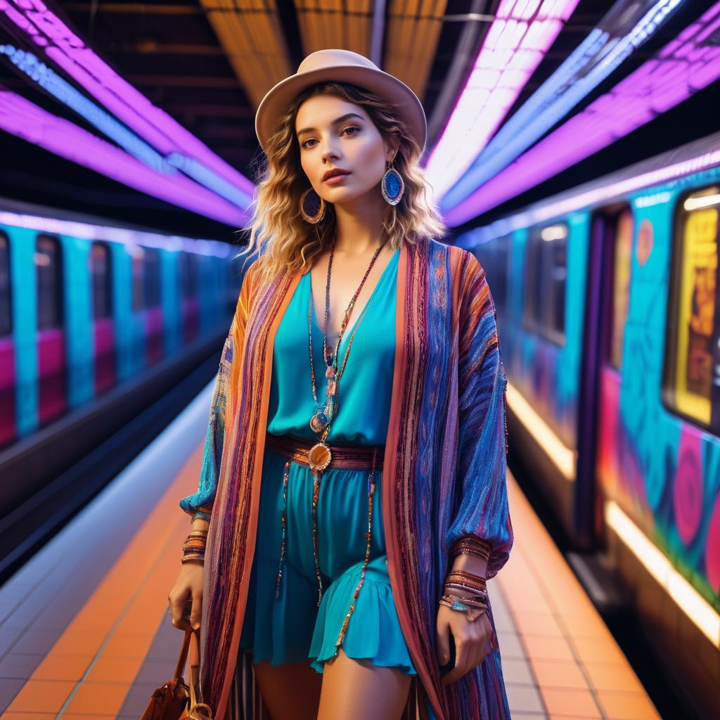 Fashionable Woman in Neon Subway