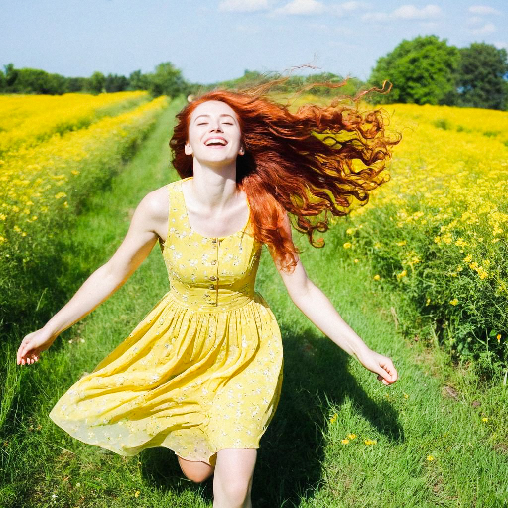 Joyful woman in yellow dress running through flowers
