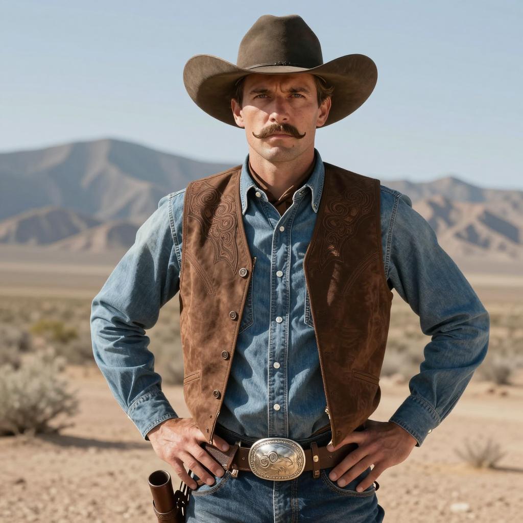 Western Cowboy Man in Leather Vest and Hat in Desert Landscape