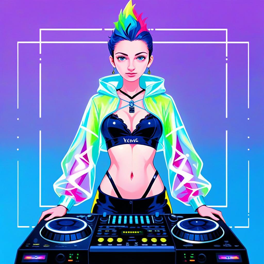 Confident Young Woman DJ in Cyberpunk Style
