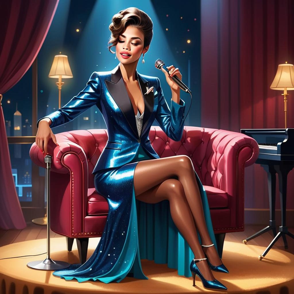 Glamorous Woman in Blue Gown at Jazz Lounge