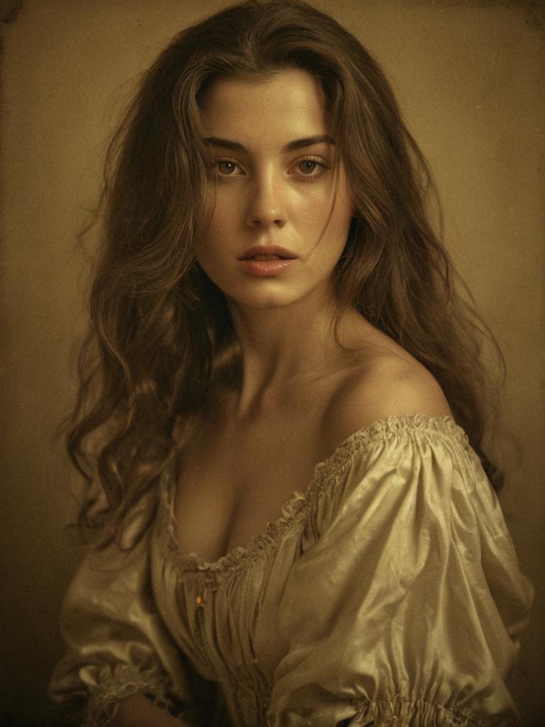 Vintage Style Portrait of Woman in Satin Off-Shoulder Blouse